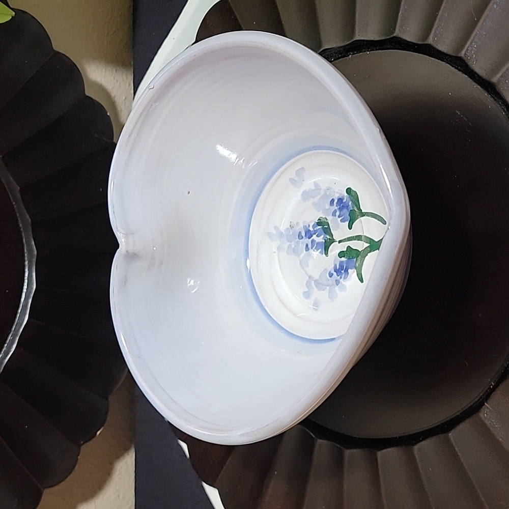 Salado Pottery Heart Shaped Bluebonnets Bowl.  Signed